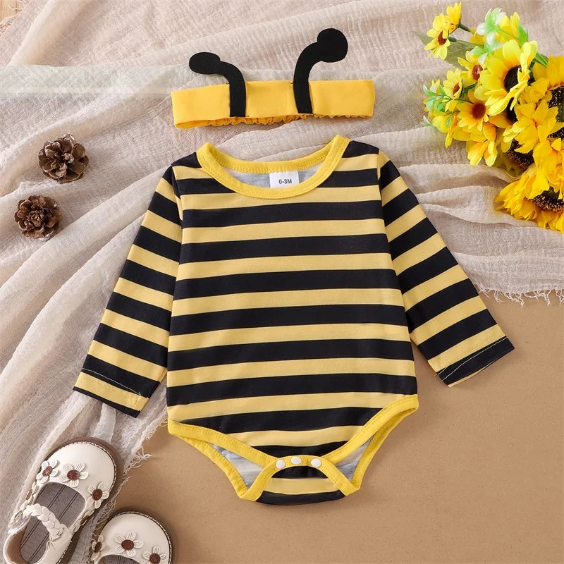 Cute Baby Girls Clothes Sets Flying Sleeve Romper Bee/Beetle Embroidery Suspender Dress Headband Sets Kids Costume