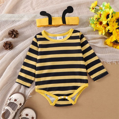 Cute Baby Girls Clothes Sets Flying Sleeve Romper Bee/Beetle Embroidery Suspender Dress Headband Sets Kids Costume