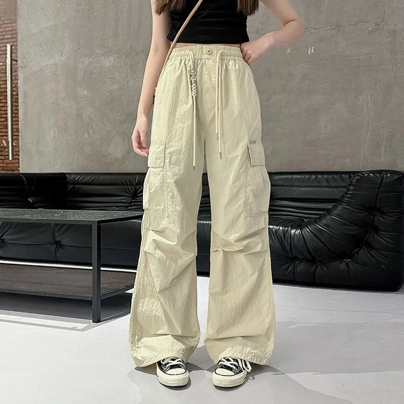 Girls Cargo Pants Autumn Summer Thin Loose-fit Wide-leg Long Trousers New 2025 Trendy Junior High School Students Casual Clothes