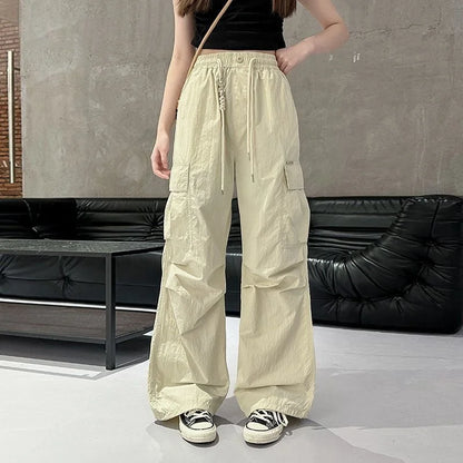 Girls Cargo Pants Autumn Summer Thin Loose-fit Wide-leg Long Trousers New 2025 Trendy Junior High School Students Casual Clothes