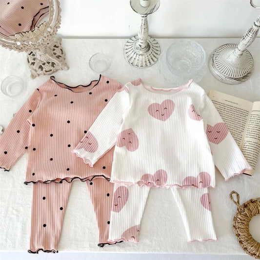 New Girls' Pajamas Homewear Children's Long-Sleeved Ice-Silk Pajamas Two-Piece Wood Earring Set Air-Conditioning Suit Suit