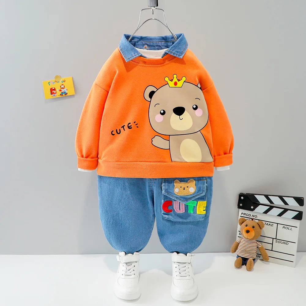 Baby boy clothes 0-4 years old spring and autumn long-sleeved suit boy cartoon lapel cotton sweater + jeans baby 2-piece set