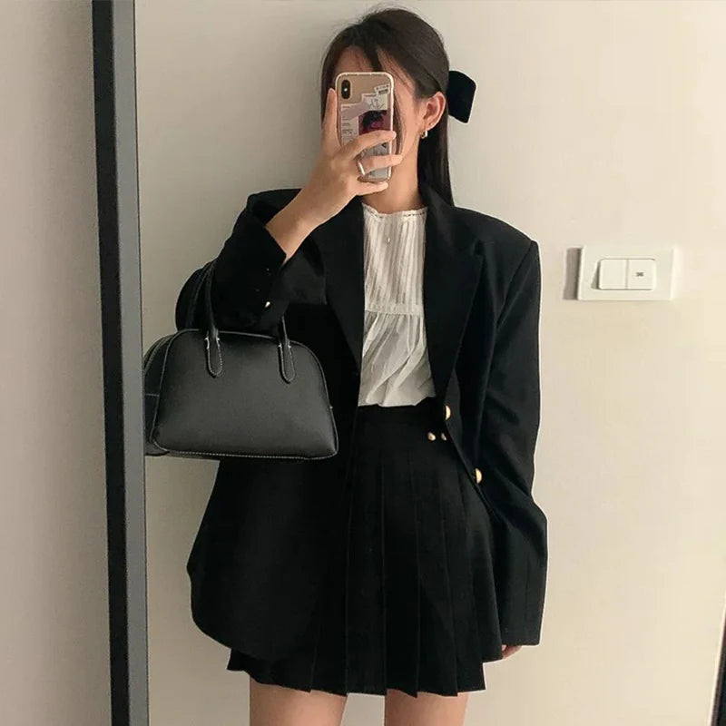 Women Clothes Outfit Suits Casual Single Breasted Loose Coat Blazer Suit And High Waist Pleated Mini Short Skirt 2 Piece Set New
