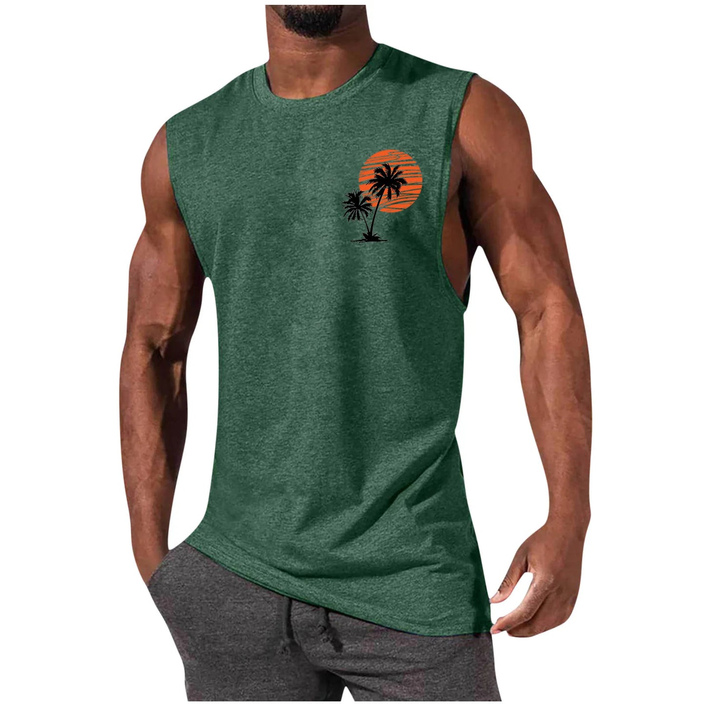 2025 Men's Hawaiian Beach Shirt Tropical Sunset Print Sleeveless Tank Top Palm Tree Vacation Swim Shirt Quick Dry Resort Wear