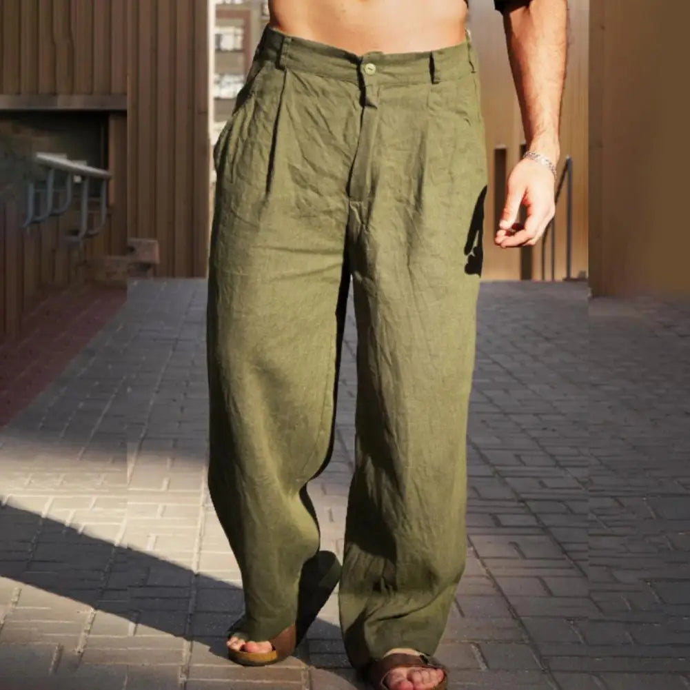 Men Cotton Linen Slacks Solid Color Loose Casual Trousers Breathable Summer Yoga Pants Pleated Jogger For Beach Vacation Fishing