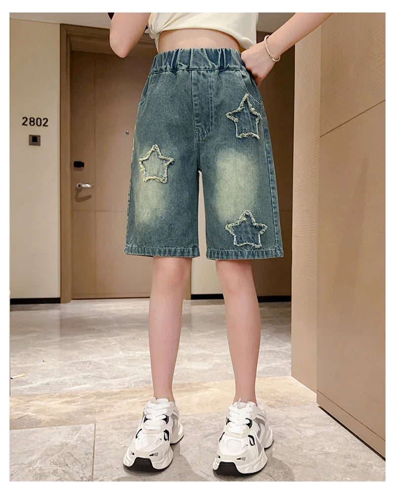 Girls Jeans Shorts Summer Casual Loose Denim Shorts Children Wide Leg Short Pants Teen High waist Straight Trousers 5-14 Years