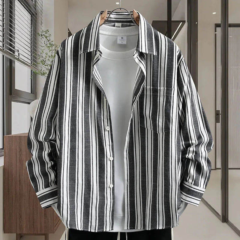 New high-quality men's dress shirt, checkered shirt, men's long-sleeved cotton and linen lapel coat, suitable for daily wear