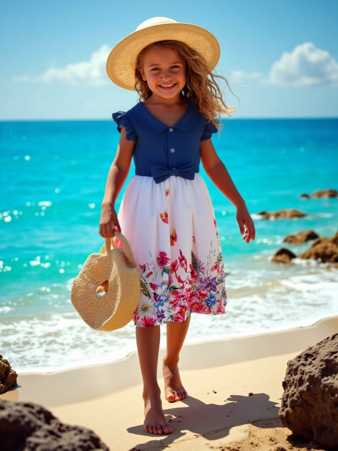 Girls Casual Dresses Denim Print Button Bow Ruffled sleeves Floral Tulle Cute Princess Formal Dresses Children Casual Dresses