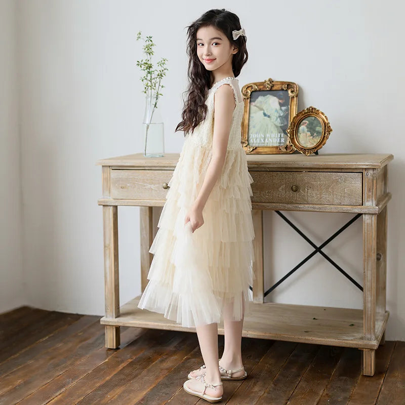 Tulle Tiered Dress for Girls 2026 New Summer Sleeveless Vest Princess Dress Daily Party Holiday Beige Teenage Children Clothes