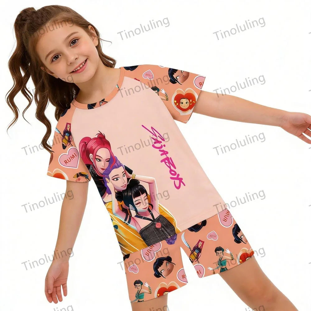 Girls Pajamas Sets Kids Toddler 3 to 8 10 11 12 Years Kpop Demon Hunters Summer Pjs Tops+Shorts Two Pieces Pijamas Sleepwear Set