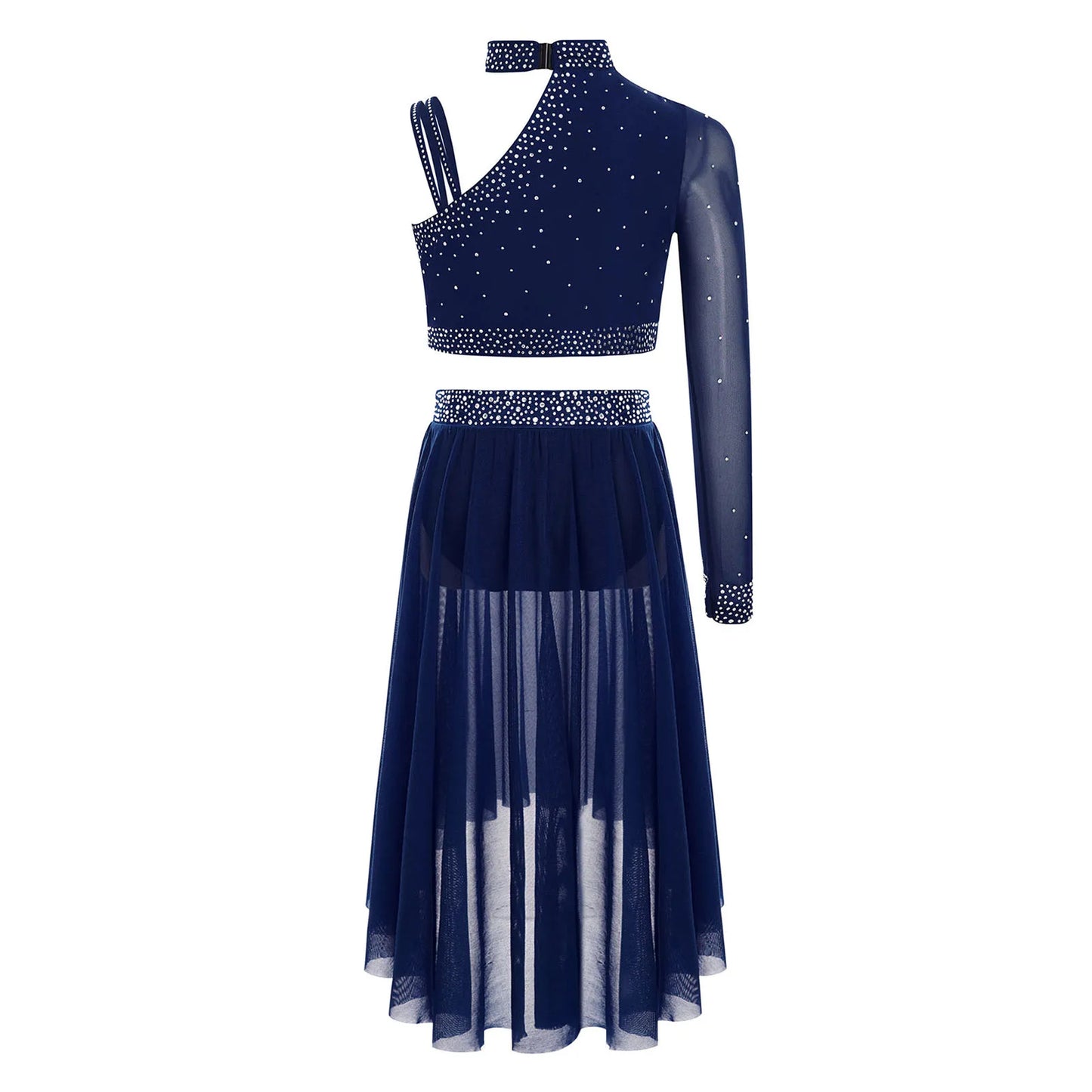 Girls Lyrical Dance Set Rhinestones Tops One Shoulder Crop Top with Side Slit Irregular Mesh Skirt Modern Contemporary Dancewear