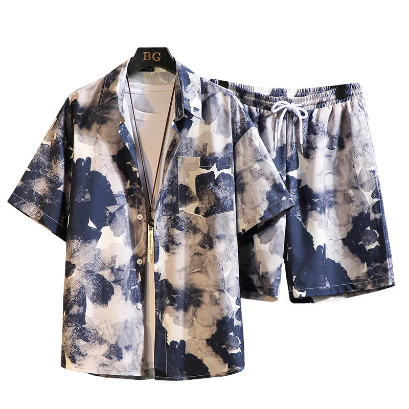 2-piece Fashionable Beach Men's Casual Printed Short Sleeved Shirt Summer Outfit New Shorts Set