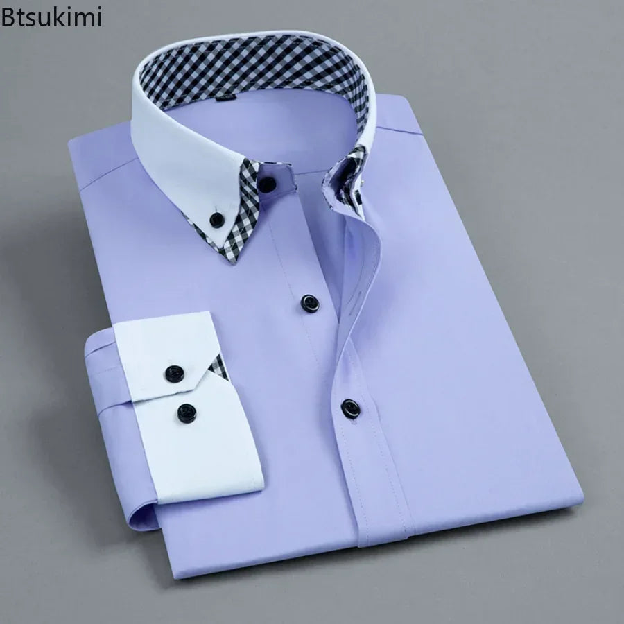 2026 Men's Dress Shirt Non Iron Fashion Double layer Long Sleeve Business Formal Regular Fit Office Camisa Social Shirts Male