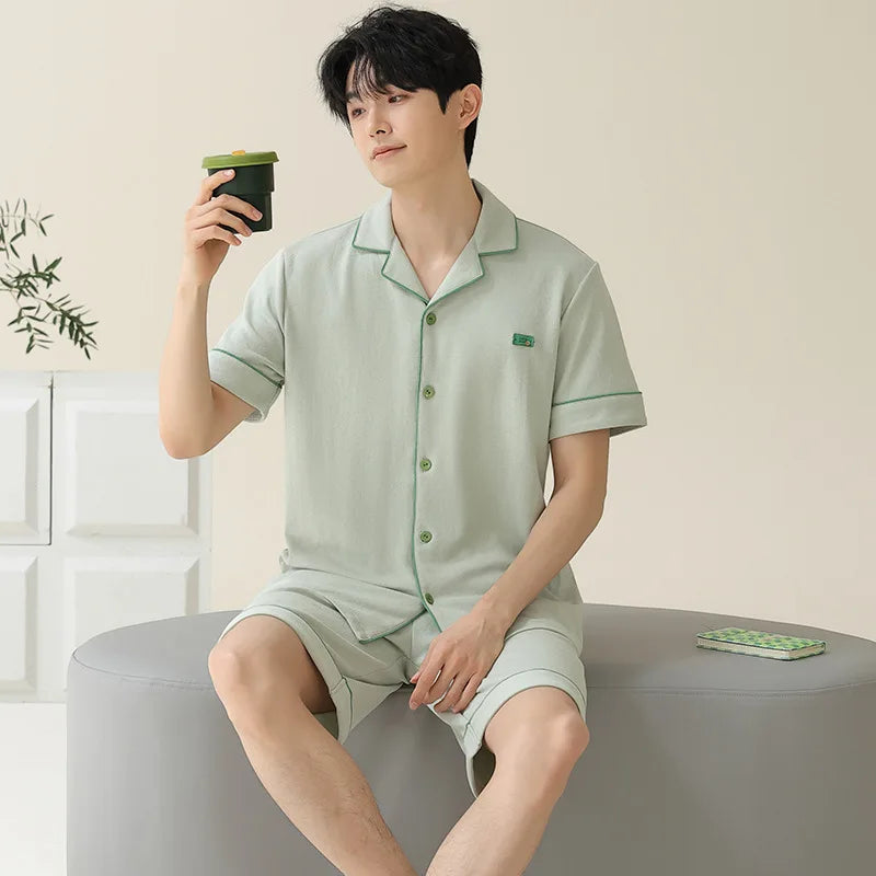 Pajamas for Men Spring Autumn Long Sleeve Lapel Button-up Cardigan Trousers Two-pieces Loose Casual Home Clothes Men Pajama Sets