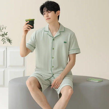 Pajamas for Men Spring Autumn Long Sleeve Lapel Button-up Cardigan Trousers Two-pieces Loose Casual Home Clothes Men Pajama Sets