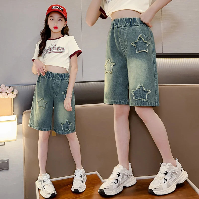 Girls Shorts Summer Kids Casual Loose Jeans Children Denim Knee Length Pants Teenager Fashion High Waist Shorts Clothing