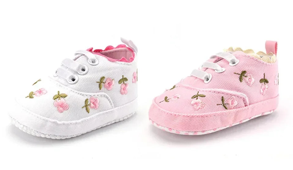Baby Girls Shoes White Pink Floral Embroidered Soft Soles Shoes Prewalker Walking Toddler Casual Kids Shoes For Dropshipping