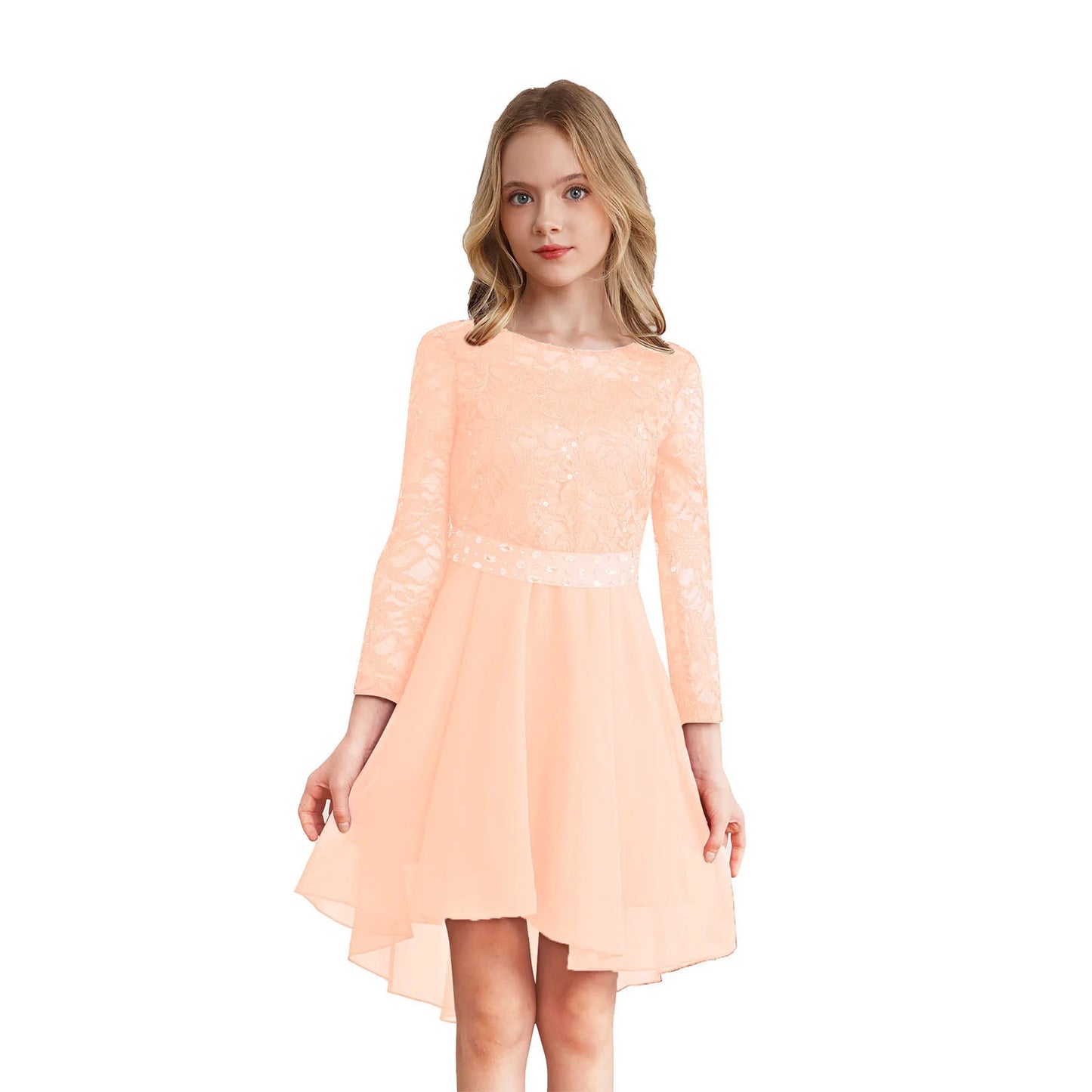 Teen Girls Elegant Scoop Neck Floral Lace Formal Wedding Party Dress Flower Girls Long Sleeve High-Low Chiffon Bridesmaid Dress