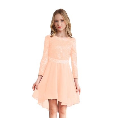Teen Girls Elegant Scoop Neck Floral Lace Formal Wedding Party Dress Flower Girls Long Sleeve High-Low Chiffon Bridesmaid Dress