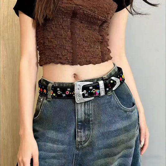 Bling Sequin Belts For Women Girl Fashion PU Leather Belts Western Cowboy Y2K Retro Jeans Skirt Decor Waistband