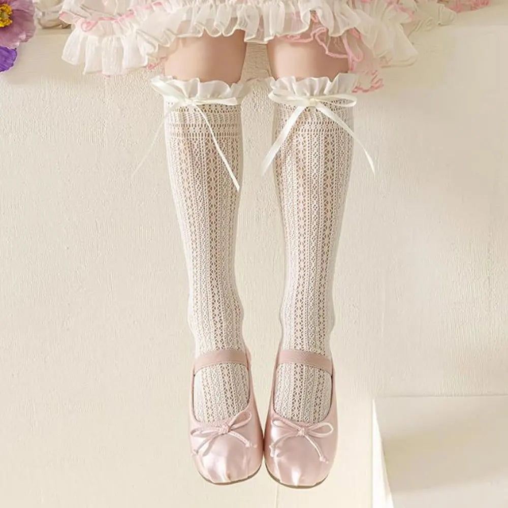 Sweet Girls Long Socks Stockings  Lolita Bowknot Ruffles Knee Socks Women Hollow Out Mesh Fishnet Stockings