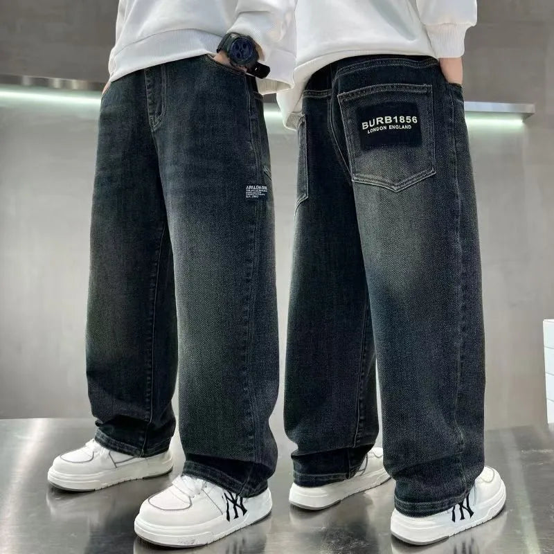 Teenage Boys Denim Pants Spring Autumn Kids Fashion Letter Jeans Pants Casual Loose Straight Trousers for 4-14 Years Old
