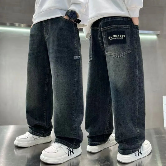 Teenage Boys Denim Pants Spring Autumn Kids Fashion Letter Jeans Pants Casual Loose Straight Trousers for 4-14 Years Old