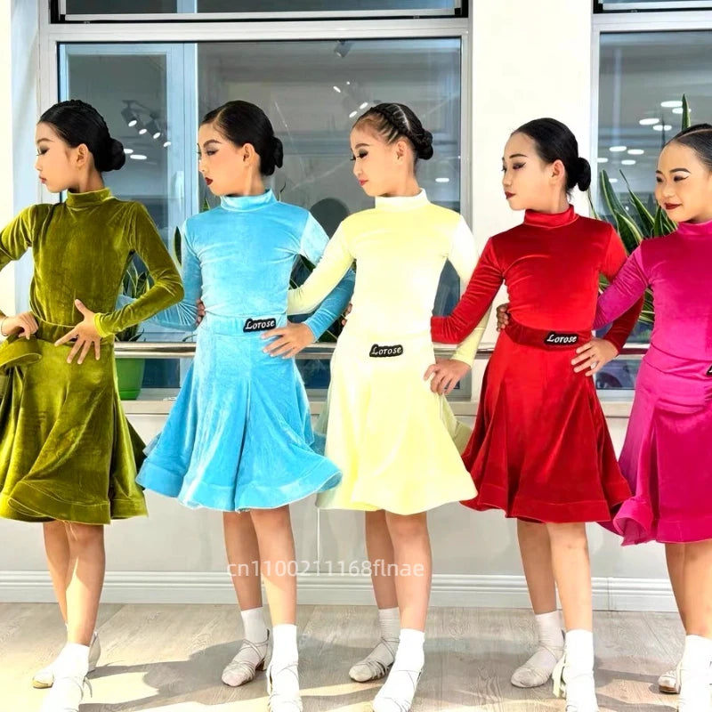 Girls' Latin Dance Dress Autumn/Winter Long Sleeve Professional Practice Dress Velvet Split Set Dance Performance Dress