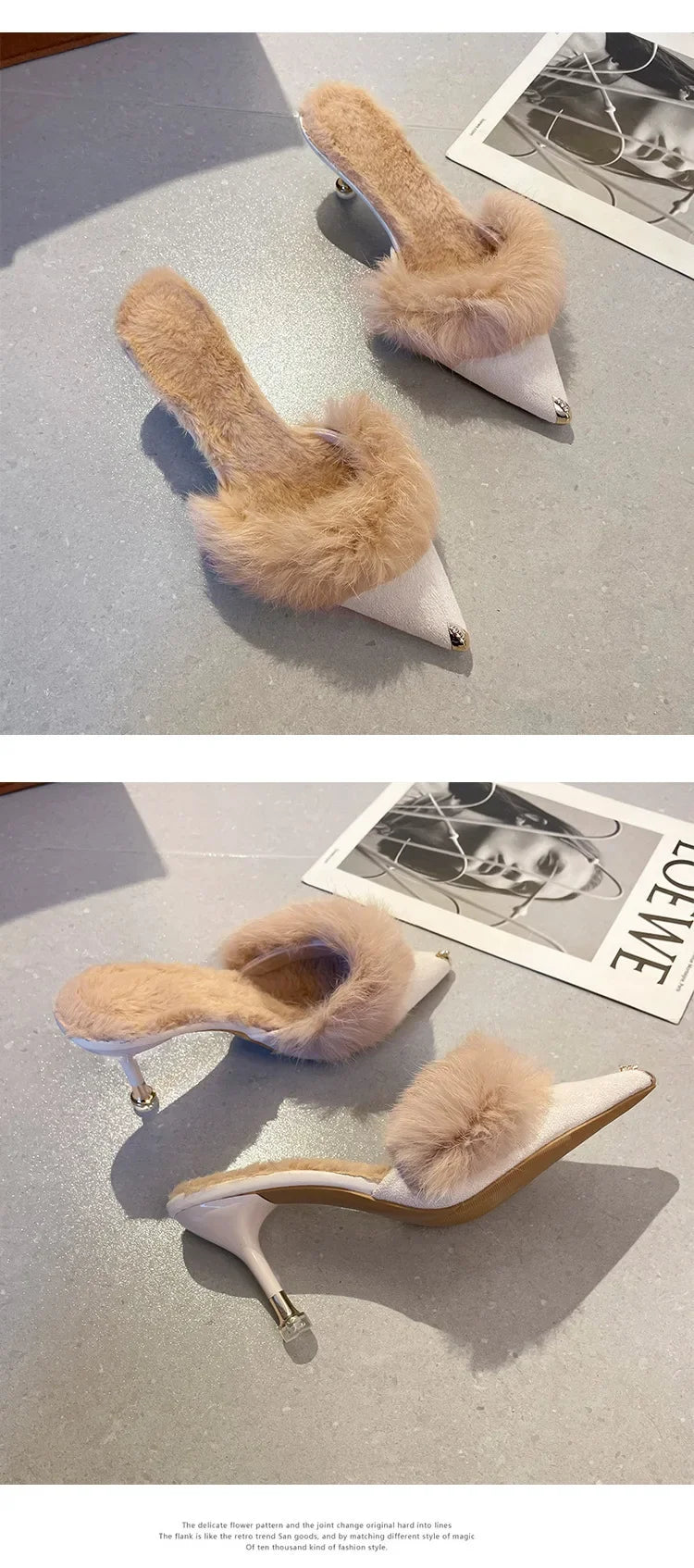 Women High Heel Shoes 2025 Fur Slippers Mules Pointed Toe Furry Slides Fashion Elegant Luxury Designer Flip Flops Office Pumps