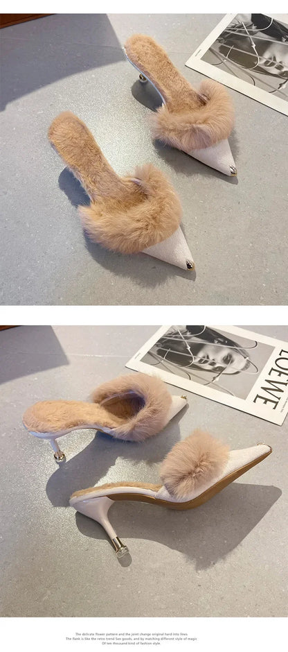 Women High Heel Shoes 2025 Fur Slippers Mules Pointed Toe Furry Slides Fashion Elegant Luxury Designer Flip Flops Office Pumps