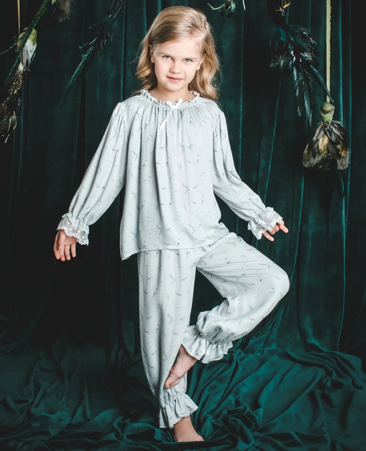 Girls Pajamas Set 2025 Spring And Summer New Blue Lace Lace Children's Home Clothing Cotton Printed Pajamas Children's Clothing