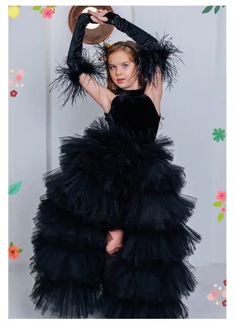 Girls Pageant Dress High Neck Halter Feather Sleeves Tiered Tulle Gown Formal Party Wedding Flower Girl Birthday Costume