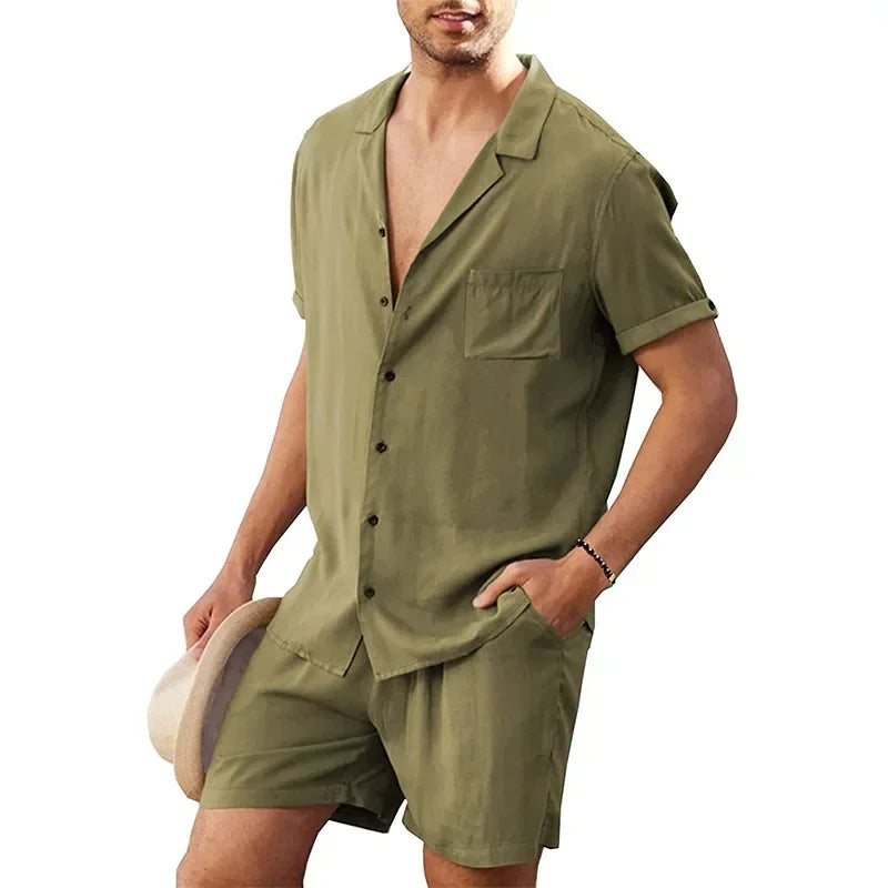 Men's Summer Casual Loose Two Piece Sets Beach Solid Cotton Linen Man Suit Short Sleeve Button Shirt And Shorts Office Outfits