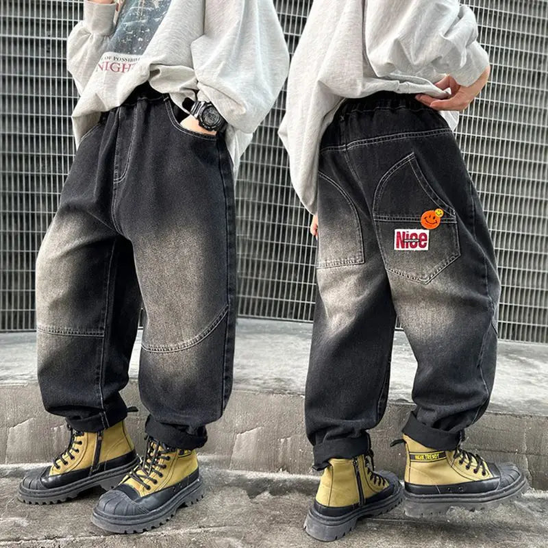 Boy Jeans For Teenage Casual Style Letter Pattern Loose Pants For Children Toddler Kids Clothes 4 6 8 9 10 11 12 13 14 Years