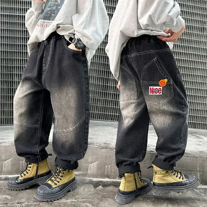 Boy Jeans For Teenage Casual Style Letter Pattern Loose Pants For Children Toddler Kids Clothes 4 6 8 9 10 11 12 13 14 Years