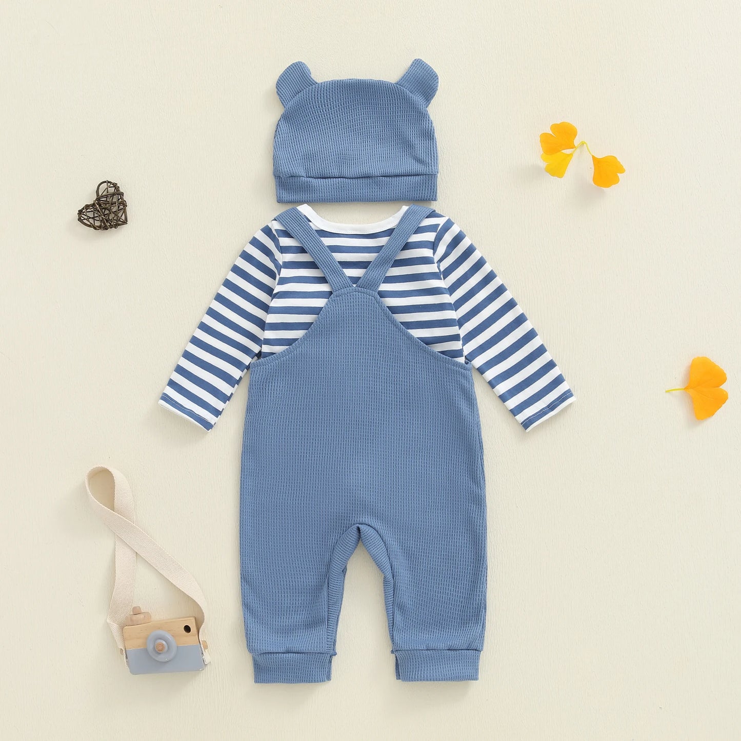 Infant Newborn Baby Boys 3Pcs Outfit Cute Baby Clothes Long Sleeve Striped Romper Animal Embroidery Overalls Hat
