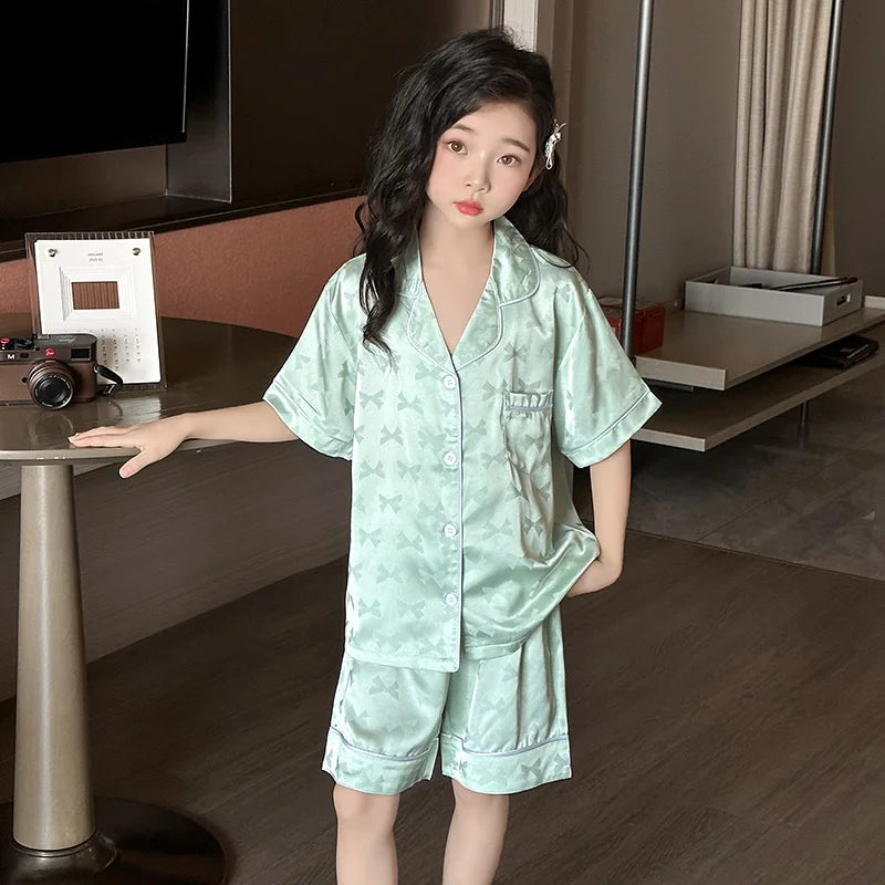 Girls Pajamas Set Soft Silk Satin 2-Piece PJs Sleepwear Kids Short Sleeve Short Pants Princess Button Down Outfit Set Size 3-13Y