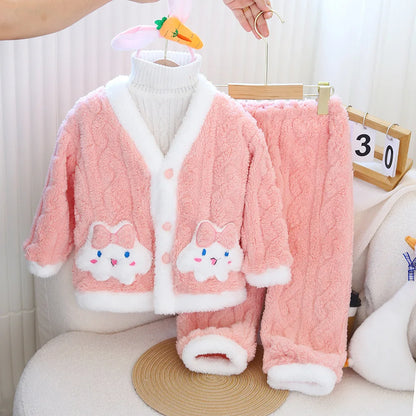 New Kids Girls Pajamas Set Thick Warm Cartoon Two Piece Loungewear Soft Comfortable Sleepwear Home Clothes for 3-10 Years Winter