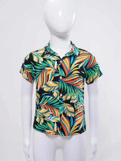 Kids Boys Hawaiian Shirts Tropical Graphic Print Short Sleeve Shirt Casual Turn-Down Collar Tee Tops for Vacation Beach Holiday