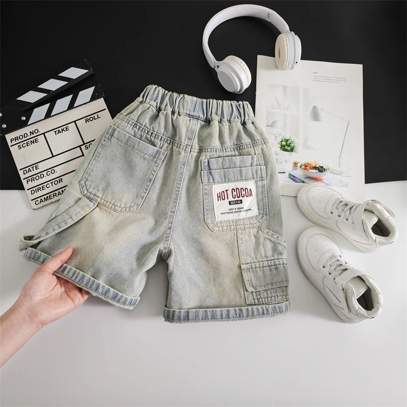 Kids Boy Loose Straight Denim Shorts with Pockets Children Fashion Trendy Hip-Hop Casual Mid Calf Jeans Shorts High Quality