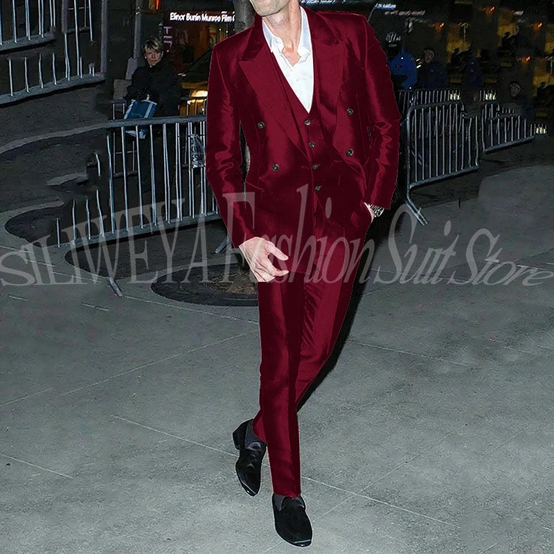 Men's 3 Piece Suit Sets Luxury Red Satin Men Notch Lapel Double-Breasted Suit Blazer+Vest+Pants Customed for Business & Weddings