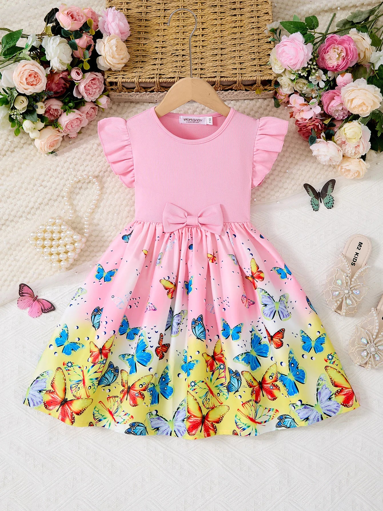 Girls Casual Dresses Denim Print Button Bow Ruffled sleeves Floral Tulle Cute Princess Formal Dresses Children Casual Dresses