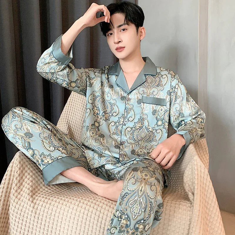 Large Size 3XL Men Pajama 2Pcs Set Summer New Short Sleeve Shorts Pijamas Suit Loose Ice Silk Satin Sleepwear Male Home Clothes