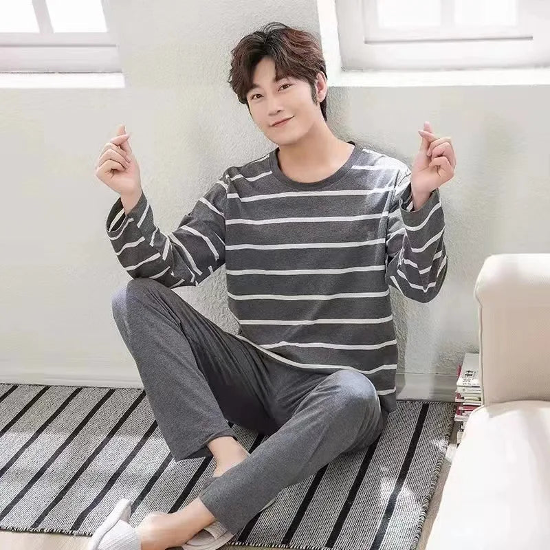2PCS/Set Men's Pajamas Autumn Winter Long-Sleeved Fashion Soft Simple Casual Homewear Man Black Comfortable Striped Loungewear