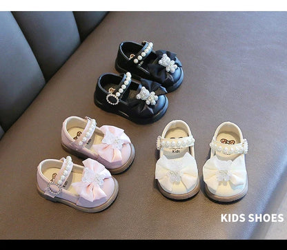 Baby Girls Walking Shoes with Big Bow Bear Children Princess Shoes Soft Sole Round Toe 2025 New Fashion Kids Flat Shoes Non-slip