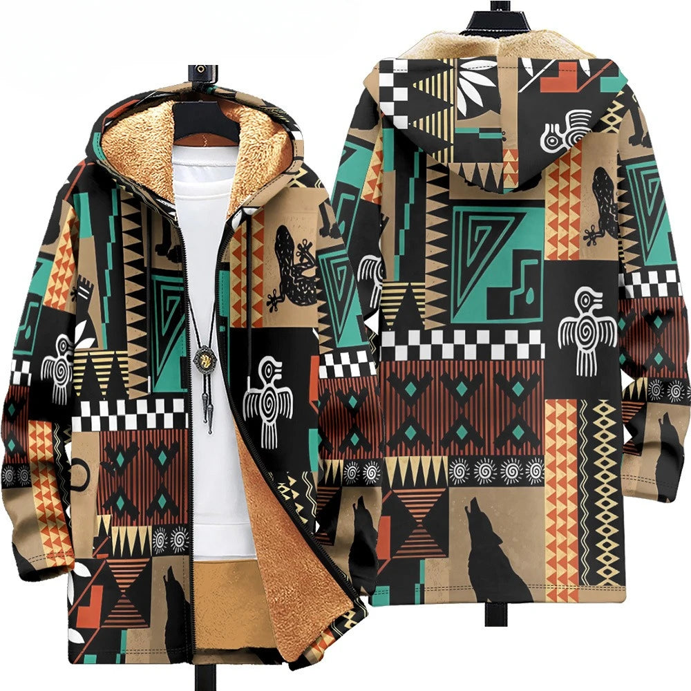 Men Cardigans Coats Retro Aztecs Printed Plush Thick Winter Abstract Art Graphics Jackets Casual Streetwear Unisex Clothing