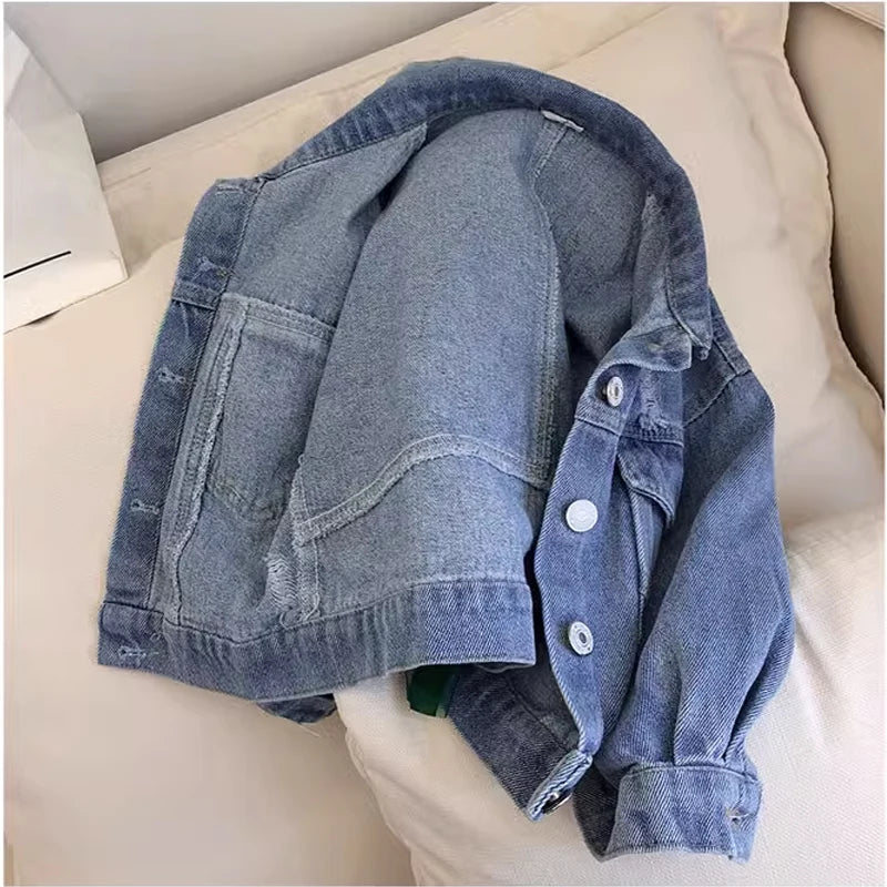 2025 Spring Autumn Girls Lovely Comfortable Retro Flowers Jeans Coats Children Personality Fashion Turn-down Collar Denim Jacket