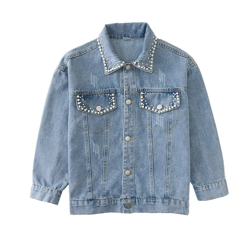 Jacket for Girls Autumn New Beading Denim Coat Fashion All-match School Teen Kids Outerwear 12 13 Years Children Casual Tops