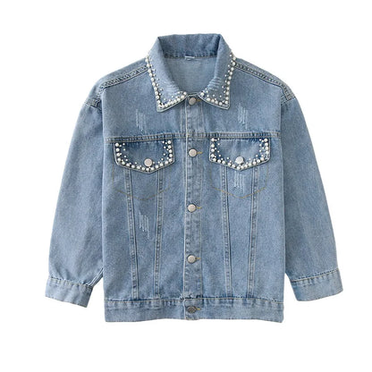 Jacket for Girls Autumn New Beading Denim Coat Fashion All-match School Teen Kids Outerwear 12 13 Years Children Casual Tops