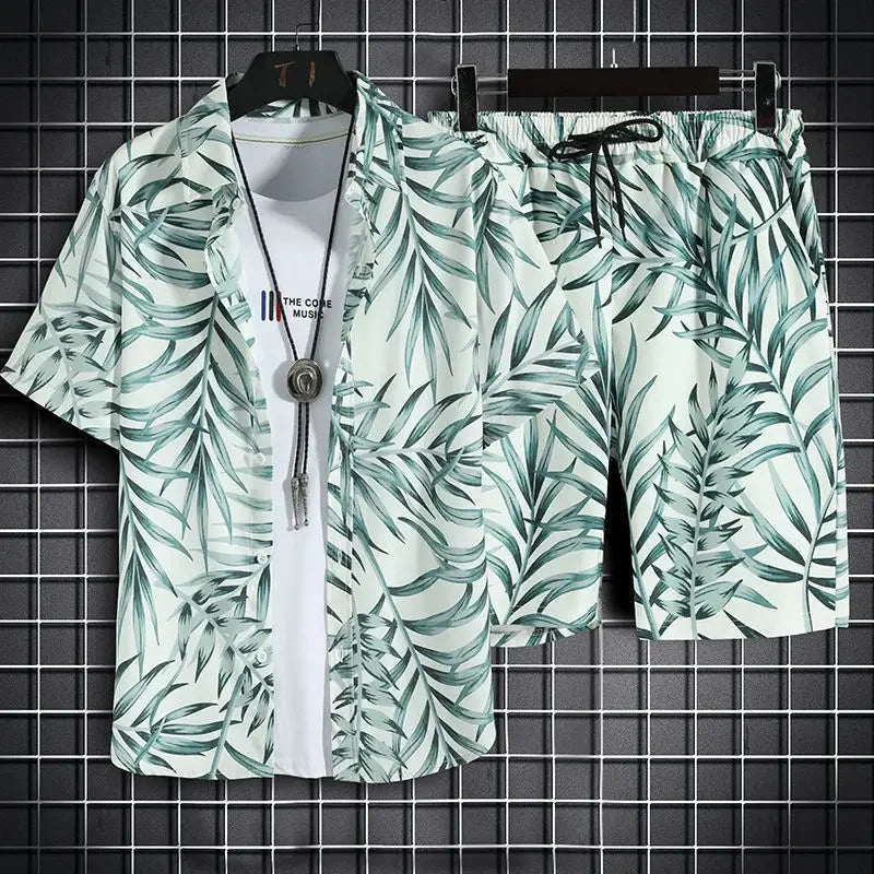 Summer New Men Beach Clothes 2 Piece Set Quick Dry Hawaiian Shirt Shorts Set Men Fashion Clothing Printing Casual Male Outfits